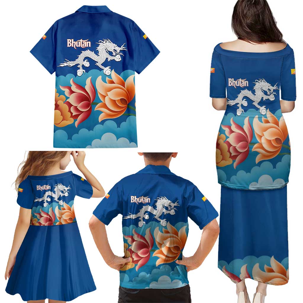 Bhutan Lotus Blossom Family Matching Puletasi and Hawaiian Shirt with White Dragon and Sacred Cloud Harmony