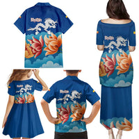 Bhutan Lotus Blossom Family Matching Puletasi and Hawaiian Shirt with White Dragon and Sacred Cloud Harmony