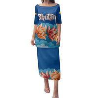 Bhutan Lotus Blossom Family Matching Puletasi and Hawaiian Shirt with White Dragon and Sacred Cloud Harmony