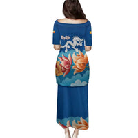 Bhutan Lotus Blossom Family Matching Puletasi and Hawaiian Shirt with White Dragon and Sacred Cloud Harmony