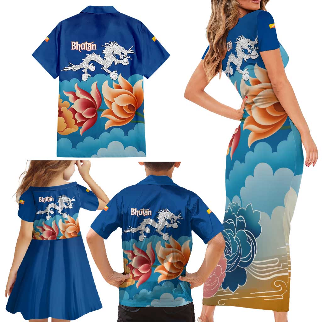 Bhutan Lotus Blossom Family Matching Short Sleeve Bodycon Dress and Hawaiian Shirt with White Dragon and Sacred Cloud Harmony