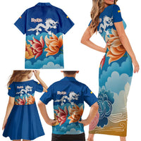 Bhutan Lotus Blossom Family Matching Short Sleeve Bodycon Dress and Hawaiian Shirt with White Dragon and Sacred Cloud Harmony