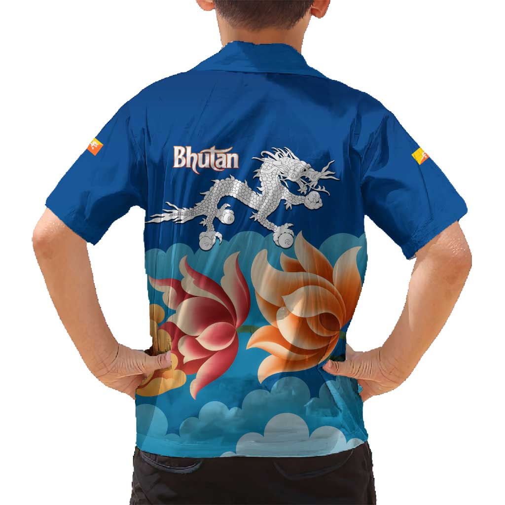 Bhutan Lotus Blossom Family Matching Summer Maxi Dress and Hawaiian Shirt with White Dragon and Sacred Cloud Harmony