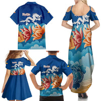 Bhutan Lotus Blossom Family Matching Summer Maxi Dress and Hawaiian Shirt with White Dragon and Sacred Cloud Harmony