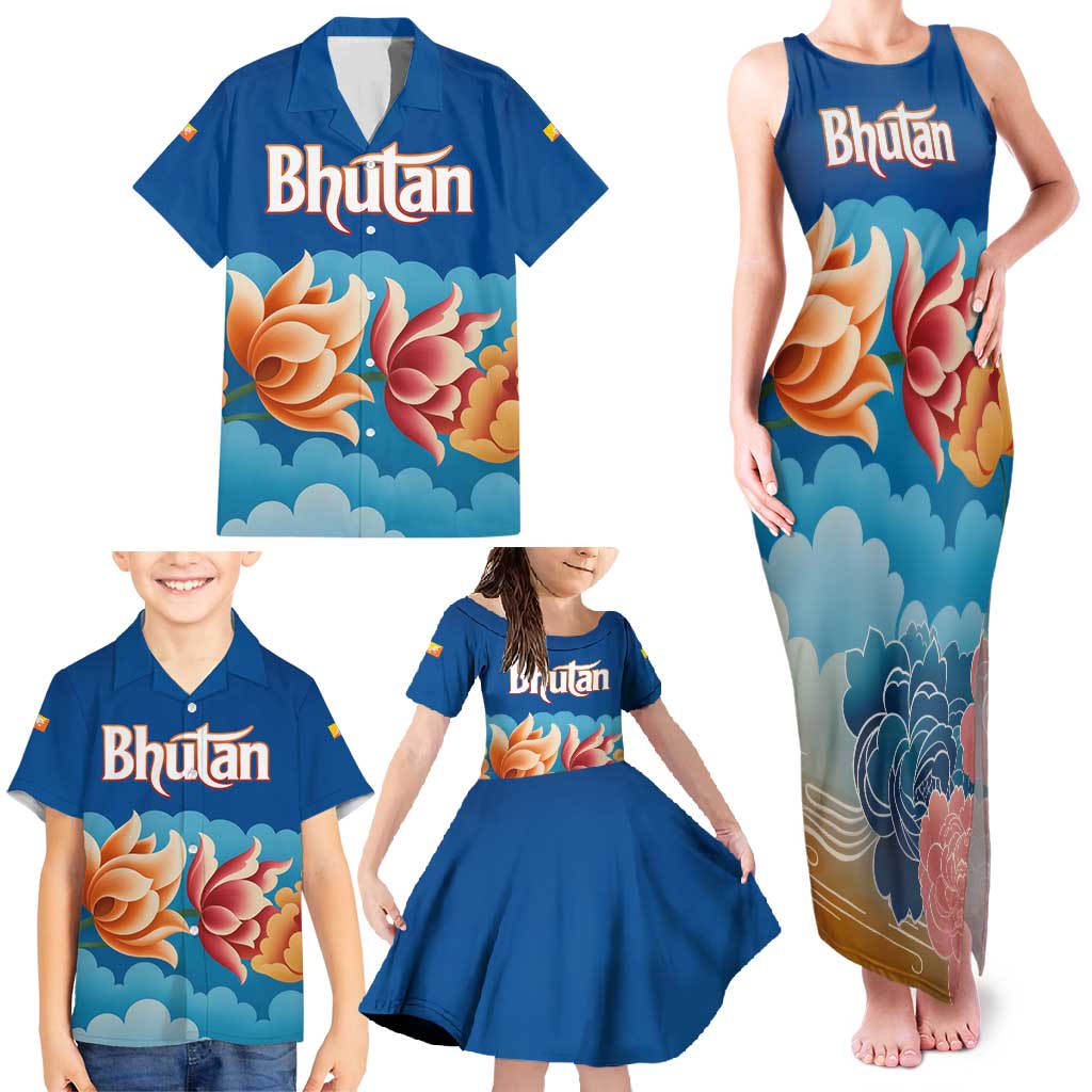 Bhutan Lotus Blossom Family Matching Tank Maxi Dress and Hawaiian Shirt with White Dragon and Sacred Cloud Harmony