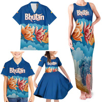 Bhutan Lotus Blossom Family Matching Tank Maxi Dress and Hawaiian Shirt with White Dragon and Sacred Cloud Harmony