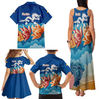 Bhutan Lotus Blossom Family Matching Tank Maxi Dress and Hawaiian Shirt with White Dragon and Sacred Cloud Harmony