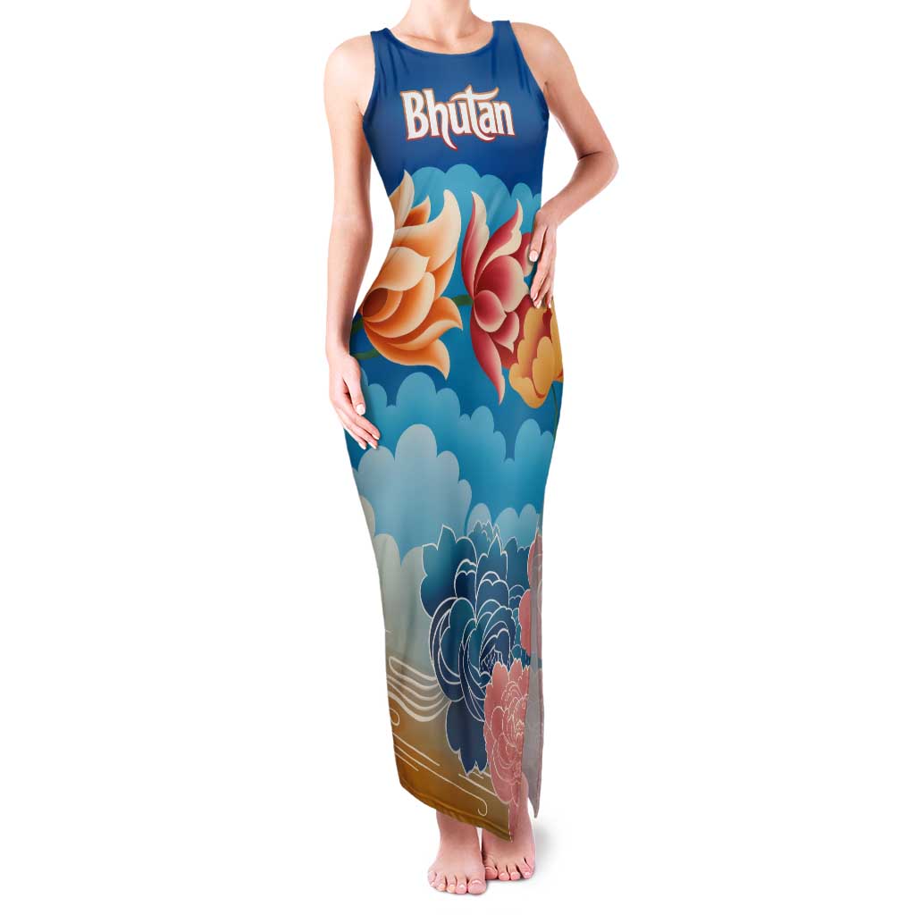 Bhutan Lotus Blossom Family Matching Tank Maxi Dress and Hawaiian Shirt with White Dragon and Sacred Cloud Harmony