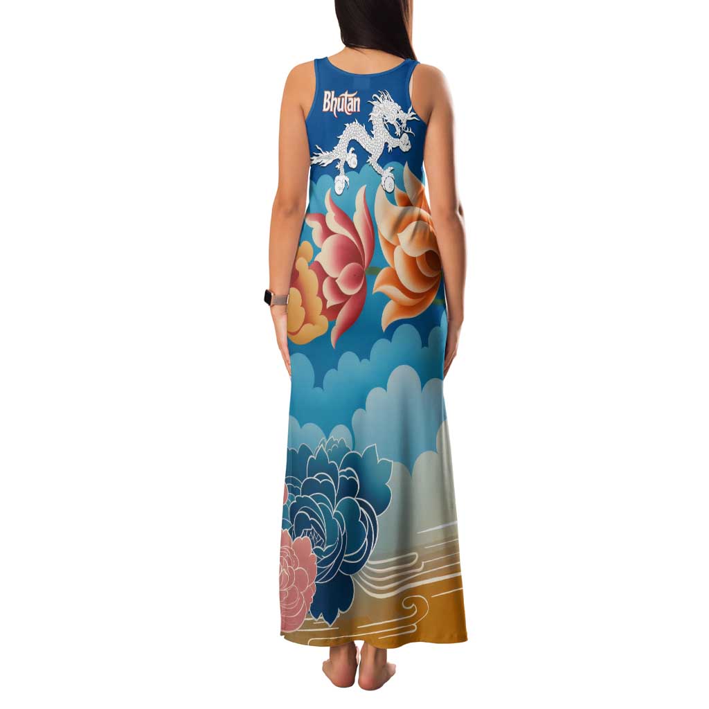 Bhutan Lotus Blossom Family Matching Tank Maxi Dress and Hawaiian Shirt with White Dragon and Sacred Cloud Harmony