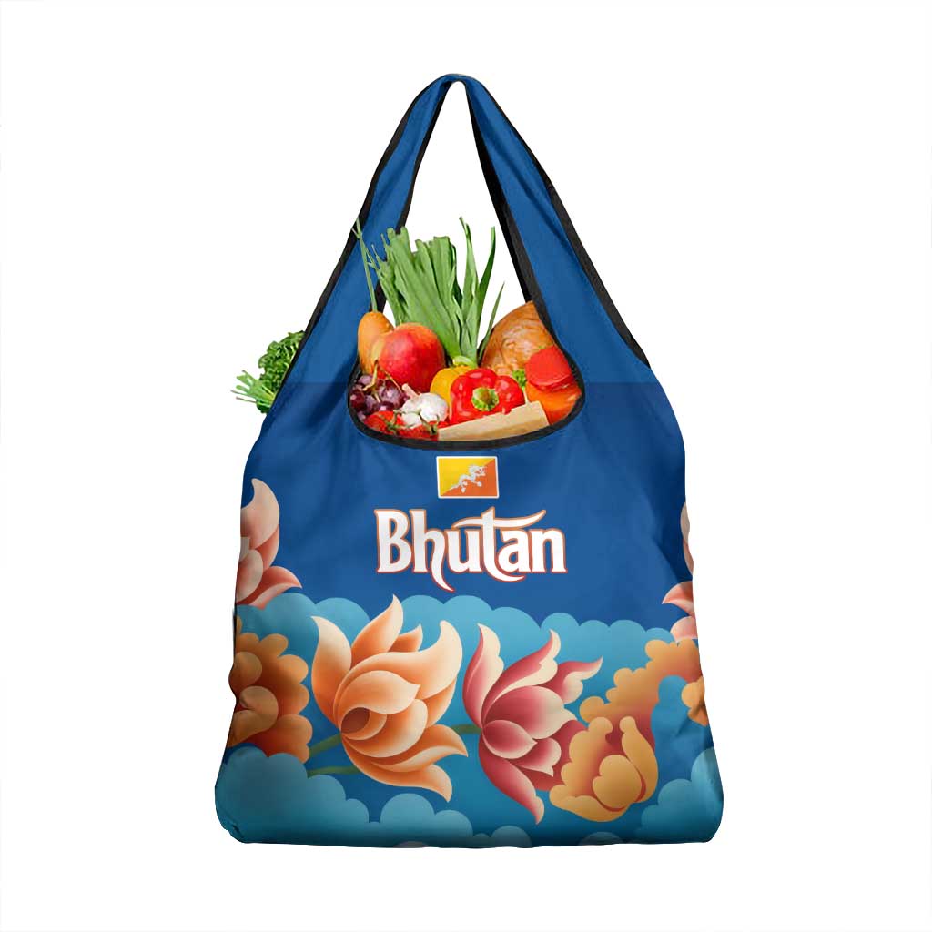 Bhutan Lotus Blossom Grocery Bag with White Dragon and Sacred Cloud Harmony