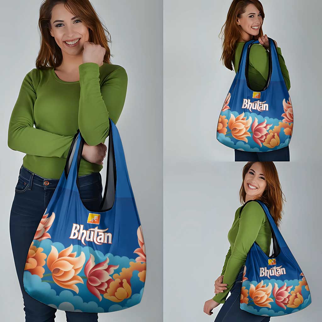 Bhutan Lotus Blossom Grocery Bag with White Dragon and Sacred Cloud Harmony