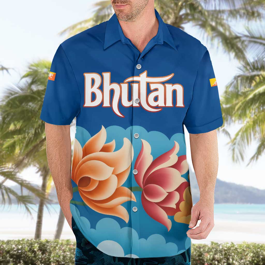 Bhutan Lotus Blossom Hawaiian Shirt with White Dragon and Sacred Cloud Harmony