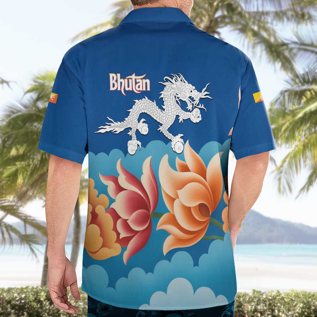 Bhutan Lotus Blossom Hawaiian Shirt with White Dragon and Sacred Cloud Harmony