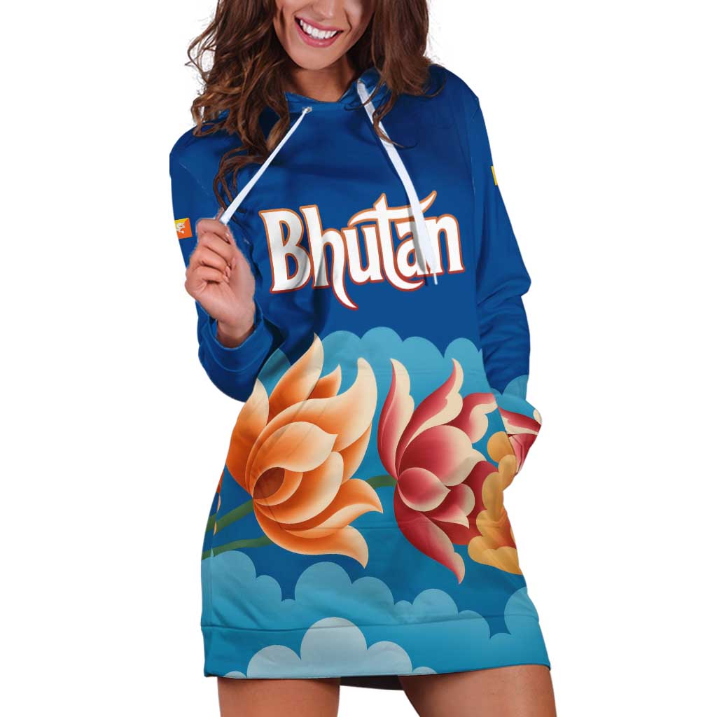 Bhutan Lotus Blossom Hoodie Dress with White Dragon and Sacred Cloud Harmony