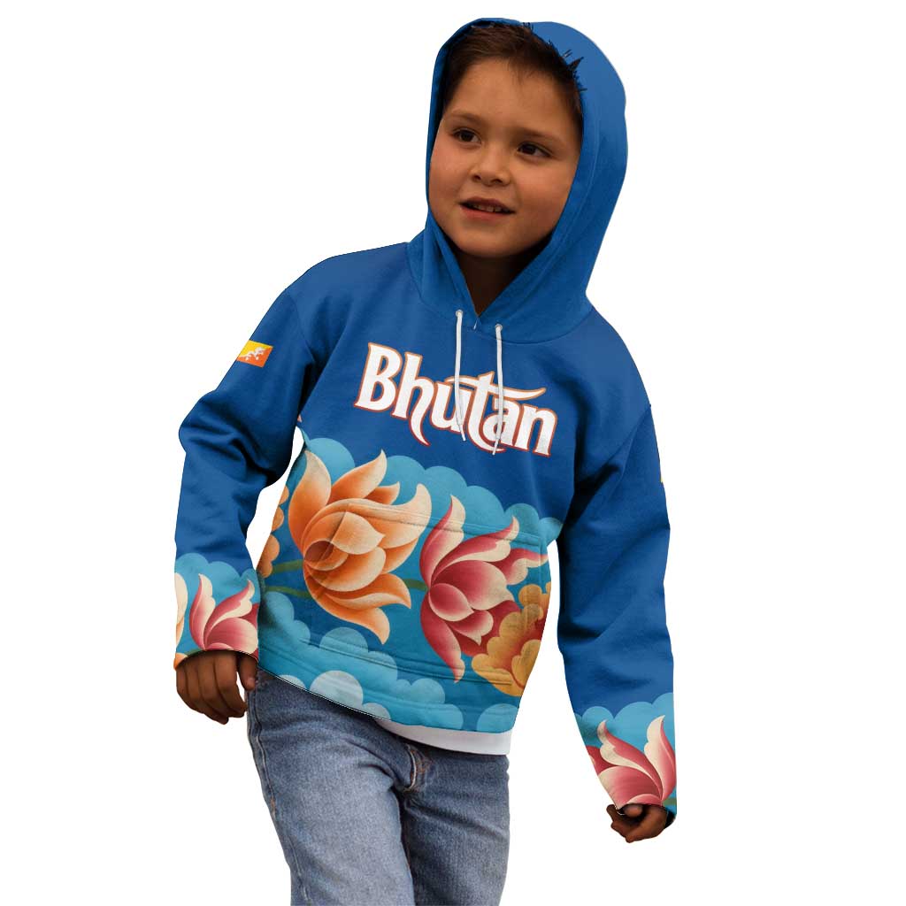 Bhutan Lotus Blossom Kid Hoodie with White Dragon and Sacred Cloud Harmony