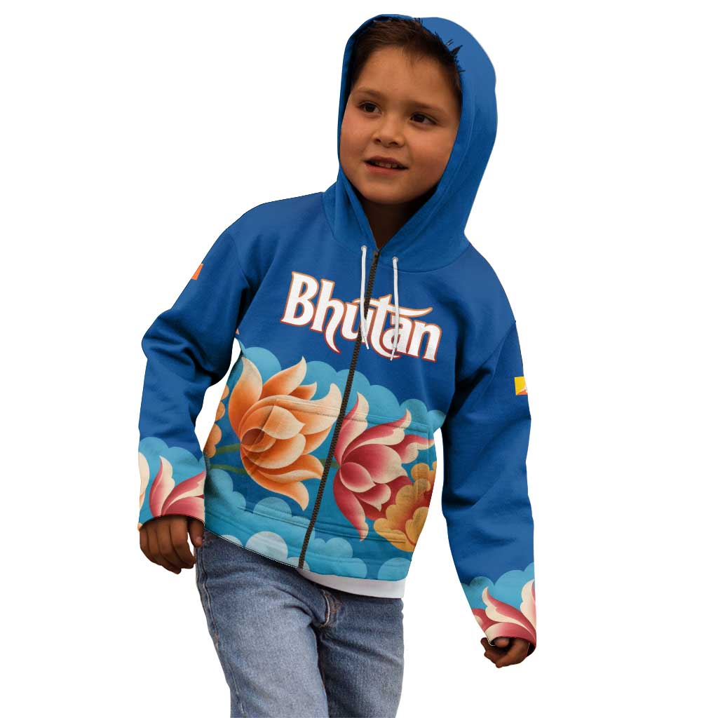 Bhutan Lotus Blossom Kid Hoodie with White Dragon and Sacred Cloud Harmony