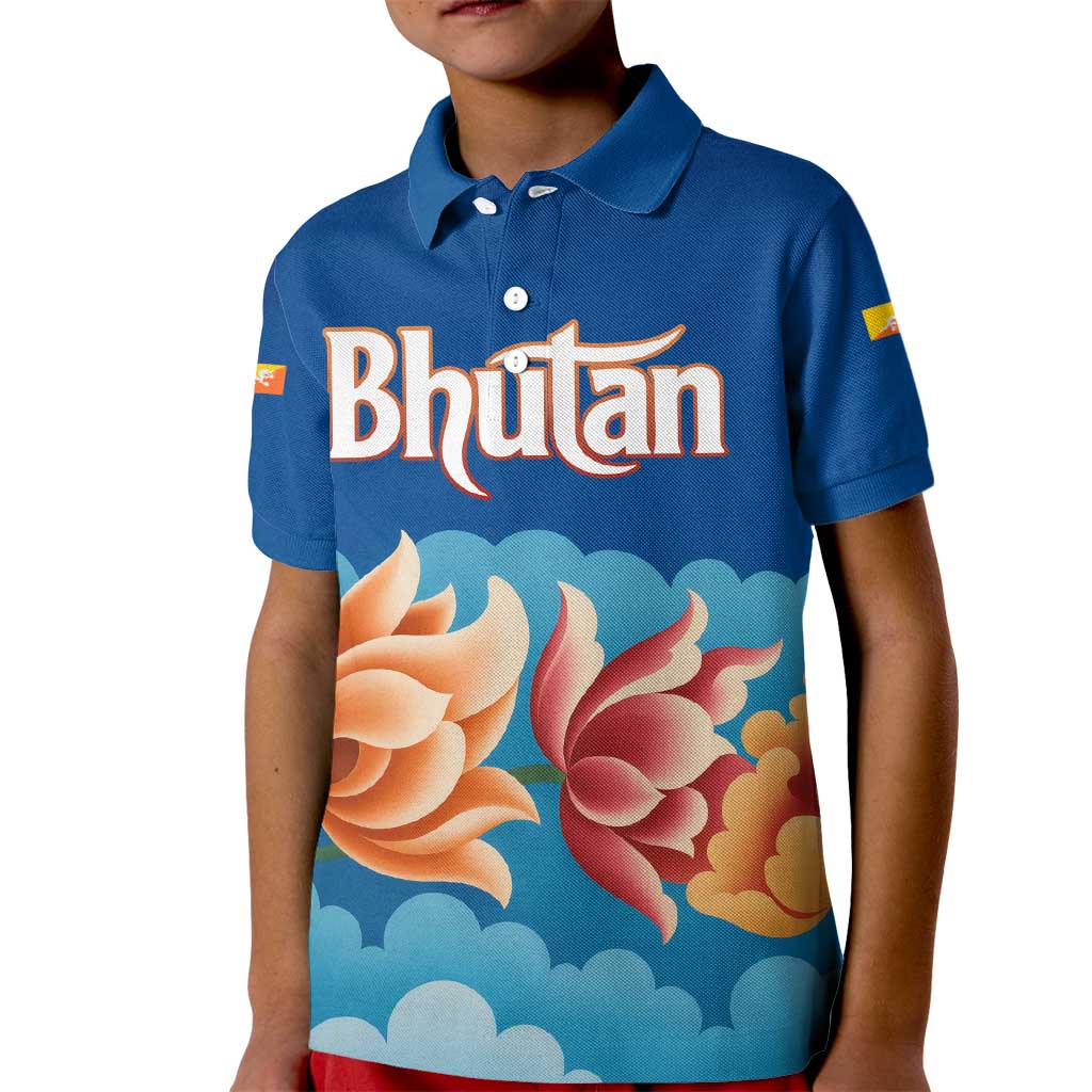 Bhutan Lotus Blossom Kid Polo Shirt with White Dragon and Sacred Cloud Harmony