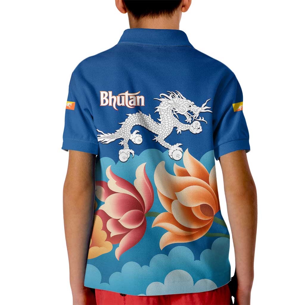 Bhutan Lotus Blossom Kid Polo Shirt with White Dragon and Sacred Cloud Harmony