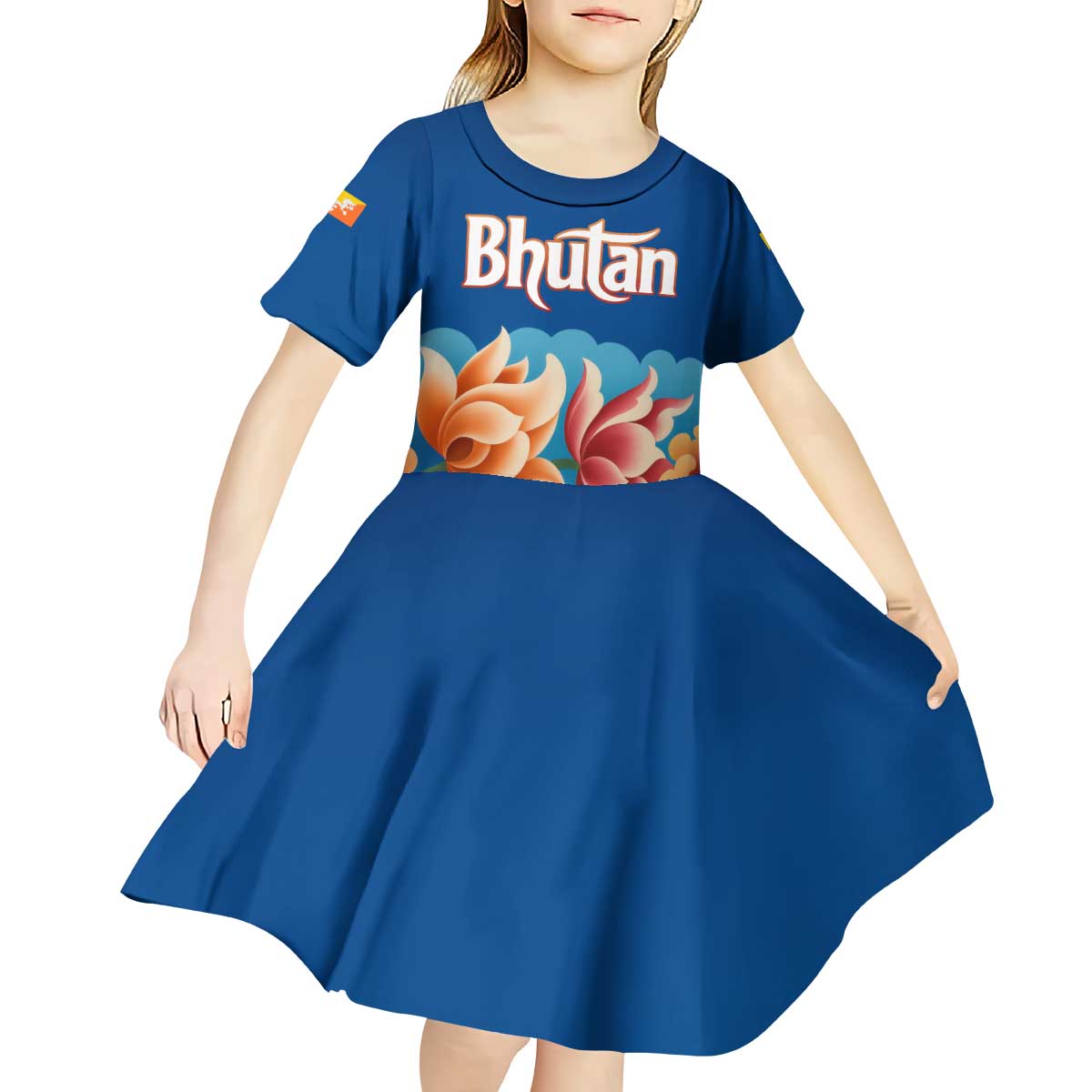 Bhutan Lotus Blossom Kid Short Sleeve Dress with White Dragon and Sacred Cloud Harmony