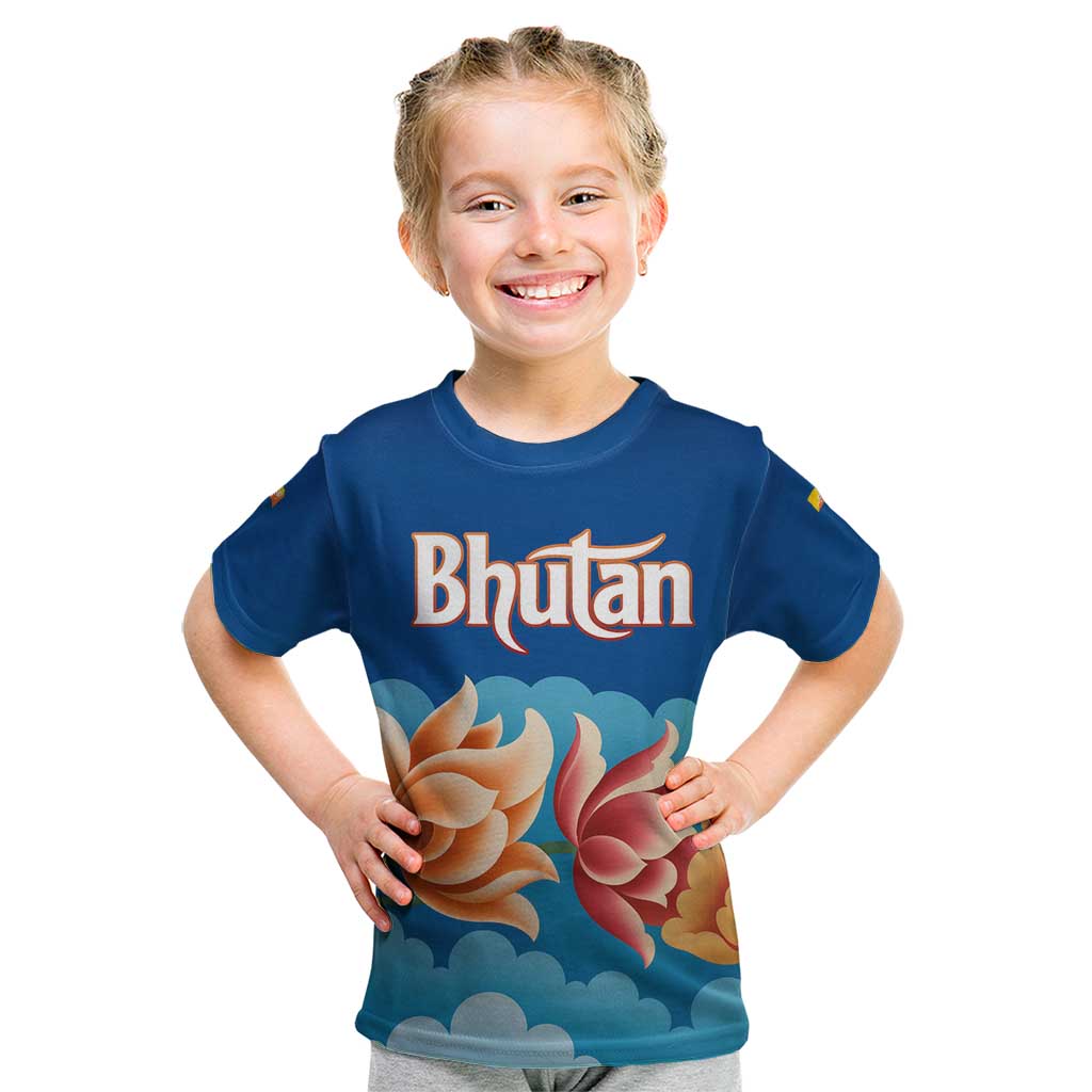 Bhutan Lotus Blossom Kid T Shirt with White Dragon and Sacred Cloud Harmony