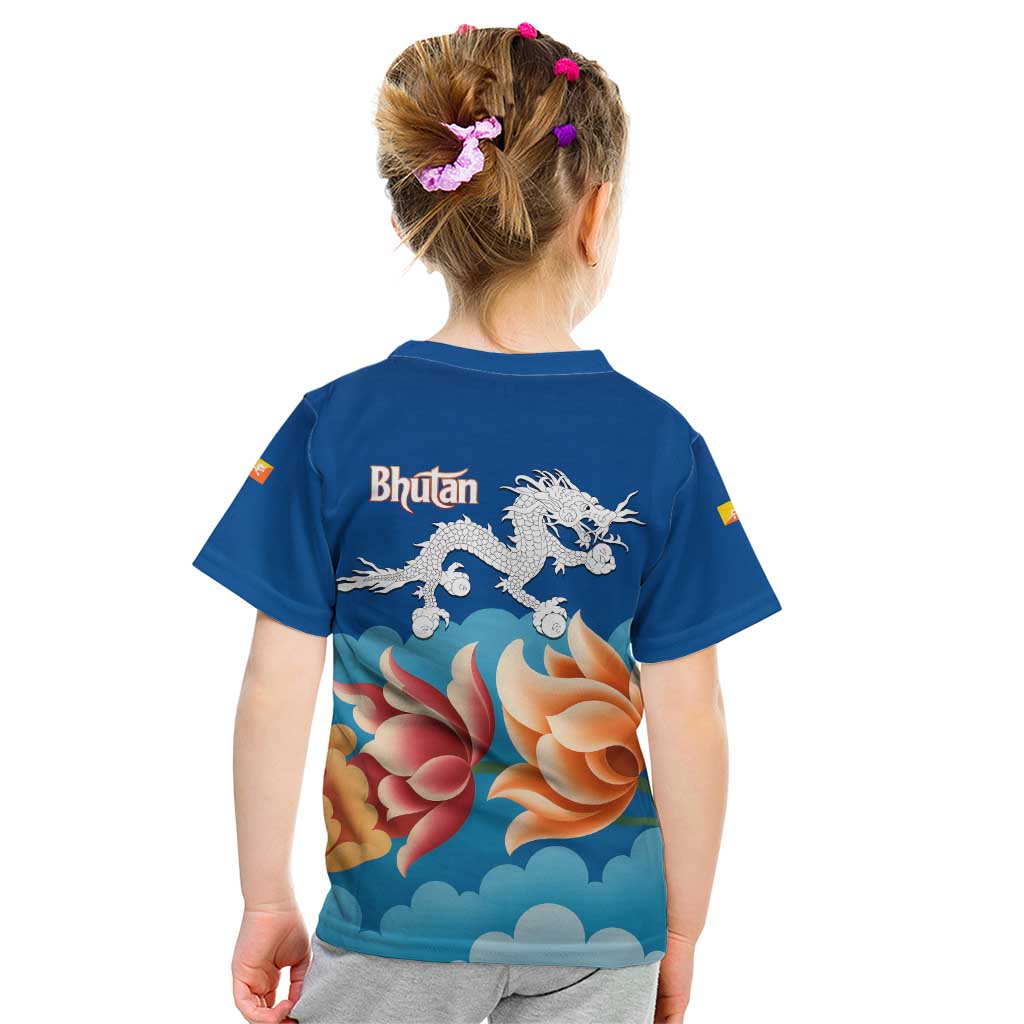 Bhutan Lotus Blossom Kid T Shirt with White Dragon and Sacred Cloud Harmony