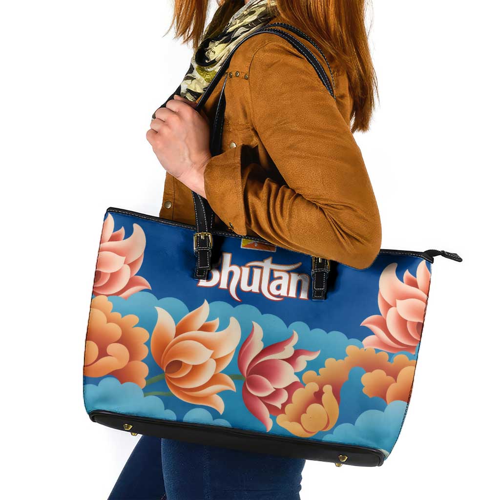 Bhutan Lotus Blossom Leather Tote Bag with White Dragon and Sacred Cloud Harmony