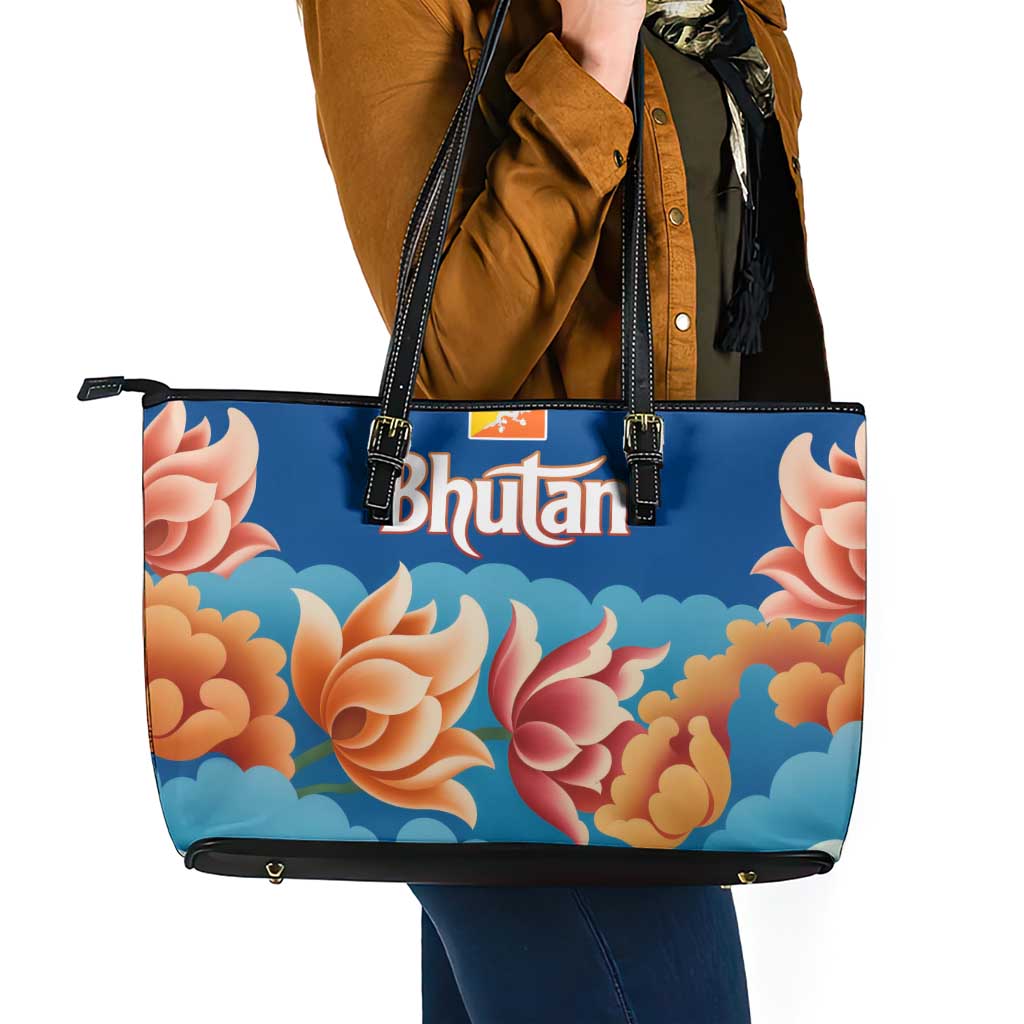 Bhutan Lotus Blossom Leather Tote Bag with White Dragon and Sacred Cloud Harmony