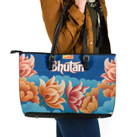 Bhutan Lotus Blossom Leather Tote Bag with White Dragon and Sacred Cloud Harmony