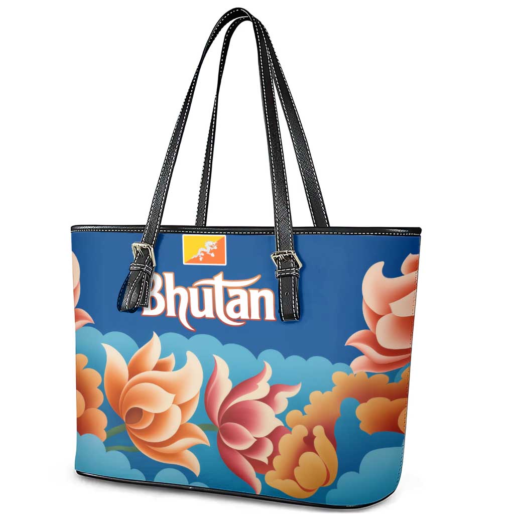 Bhutan Lotus Blossom Leather Tote Bag with White Dragon and Sacred Cloud Harmony