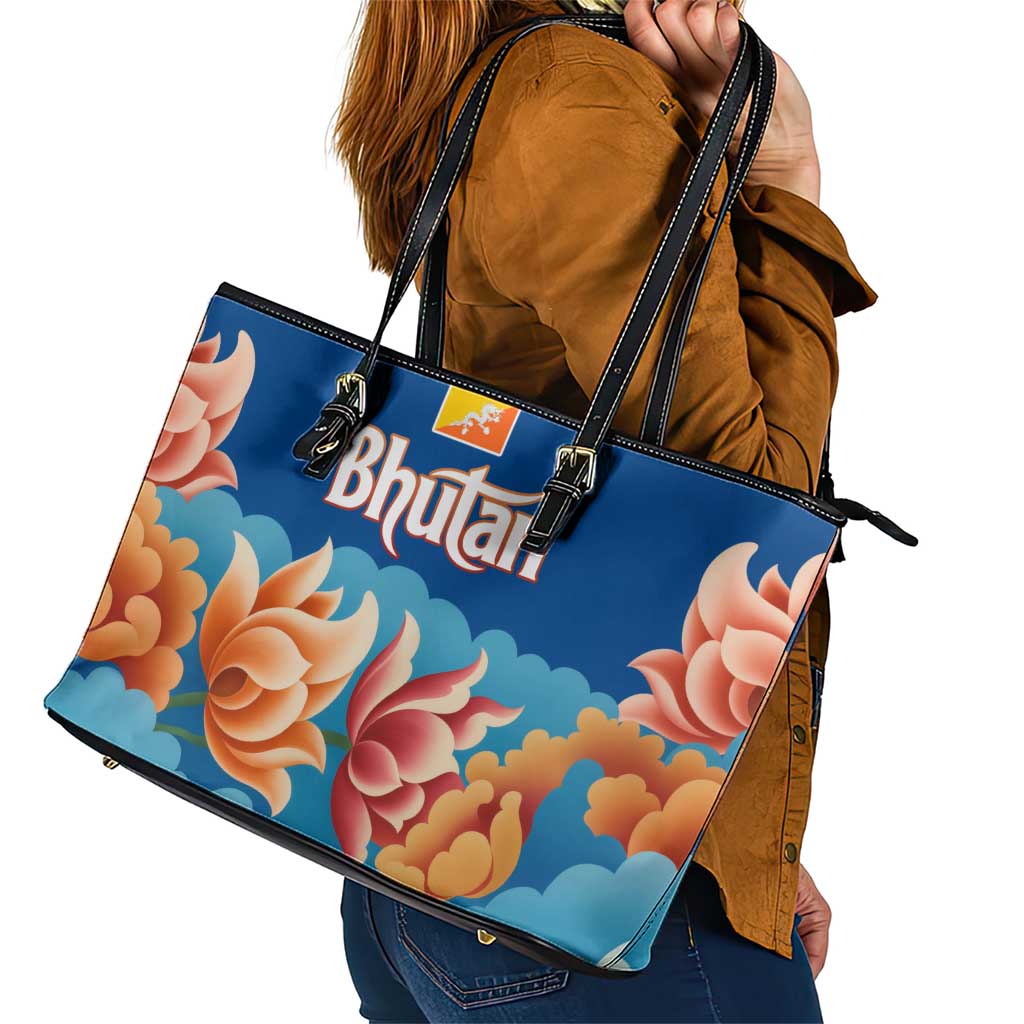 Bhutan Lotus Blossom Leather Tote Bag with White Dragon and Sacred Cloud Harmony