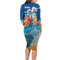 Bhutan Lotus Blossom Long Sleeve Bodycon Dress with White Dragon and Sacred Cloud Harmony