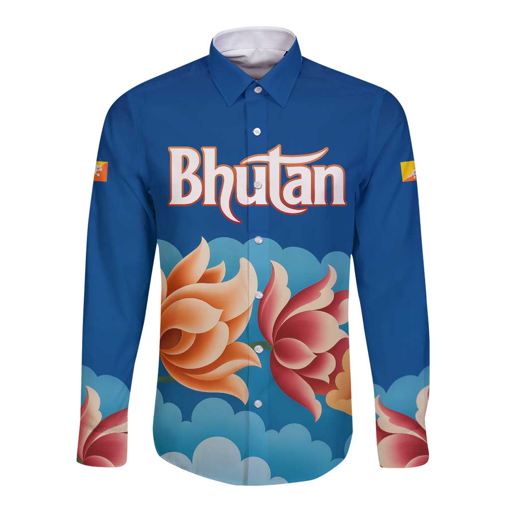 Bhutan Lotus Blossom Long Sleeve Button Shirt with White Dragon and Sacred Cloud Harmony