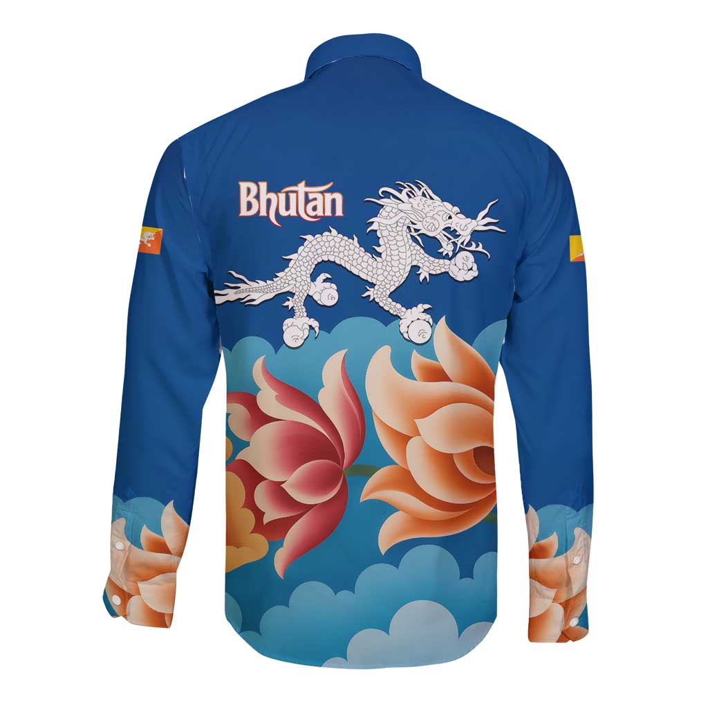 Bhutan Lotus Blossom Long Sleeve Button Shirt with White Dragon and Sacred Cloud Harmony