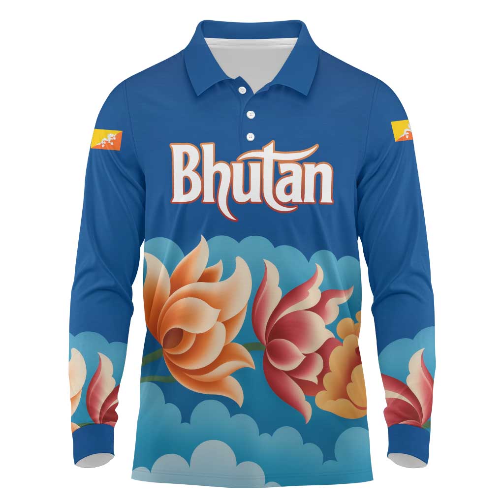 Bhutan Lotus Blossom Long Sleeve Polo Shirt with White Dragon and Sacred Cloud Harmony