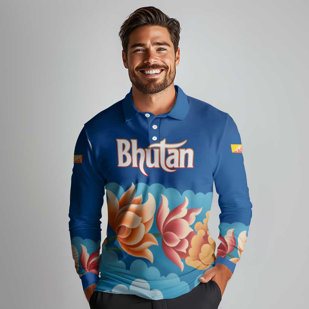 Bhutan Lotus Blossom Long Sleeve Polo Shirt with White Dragon and Sacred Cloud Harmony