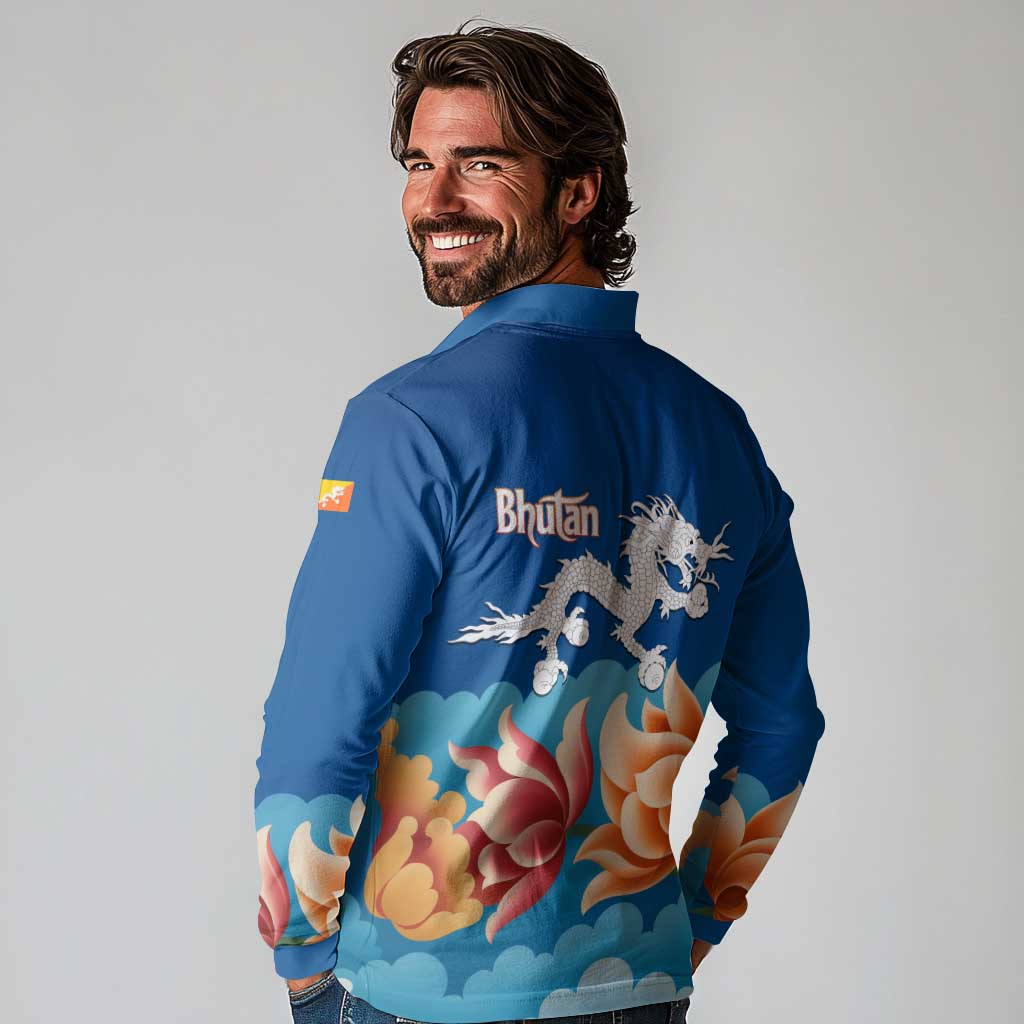 Bhutan Lotus Blossom Long Sleeve Polo Shirt with White Dragon and Sacred Cloud Harmony