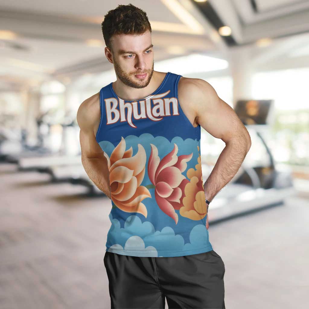 Bhutan Lotus Blossom Men Tank Top with White Dragon and Sacred Cloud Harmony