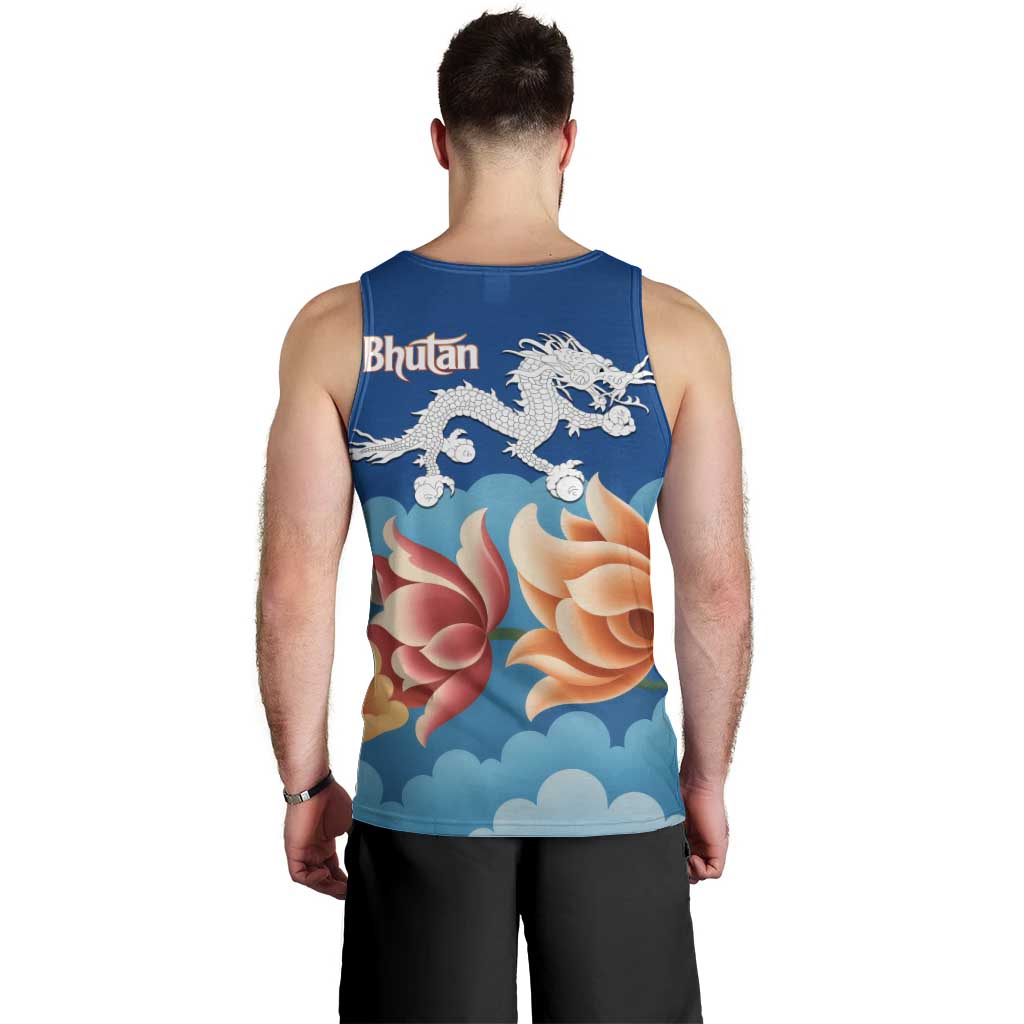 Bhutan Lotus Blossom Men Tank Top with White Dragon and Sacred Cloud Harmony