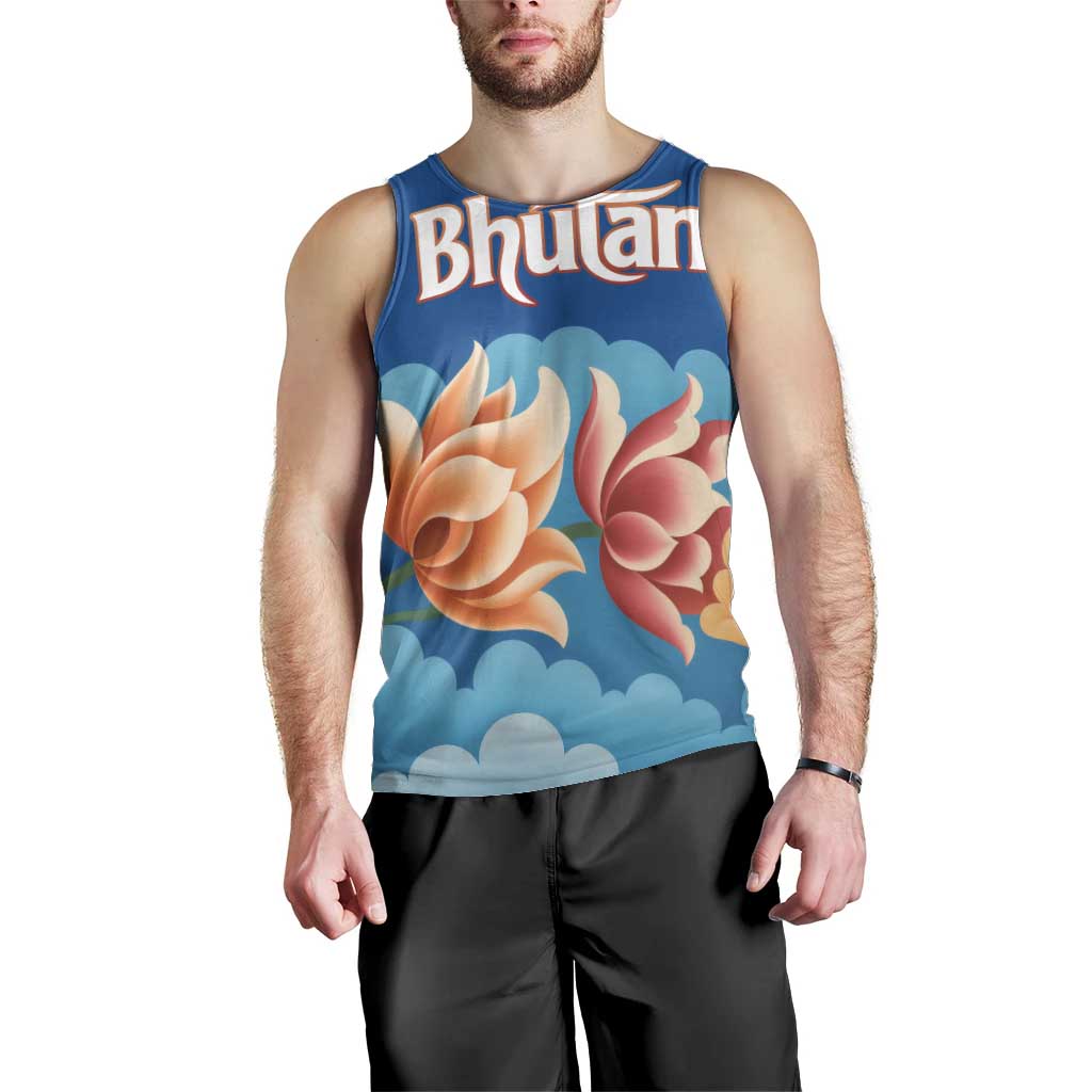 Bhutan Lotus Blossom Men Tank Top with White Dragon and Sacred Cloud Harmony