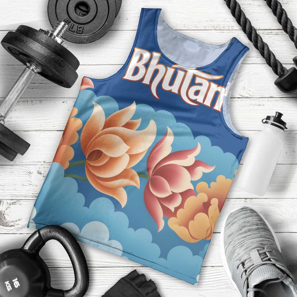 Bhutan Lotus Blossom Men Tank Top with White Dragon and Sacred Cloud Harmony