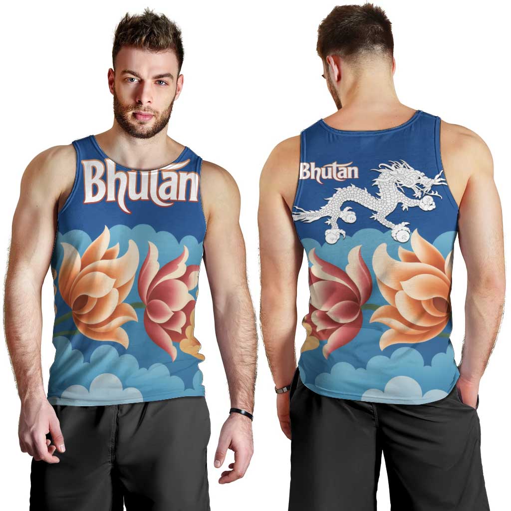 Bhutan Lotus Blossom Men Tank Top with White Dragon and Sacred Cloud Harmony
