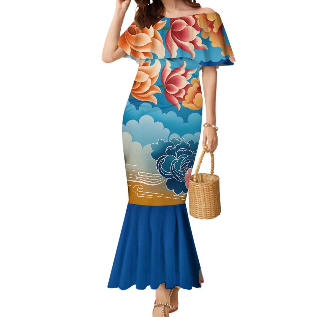 Bhutan Lotus Blossom Mermaid Dress with White Dragon and Sacred Cloud Harmony