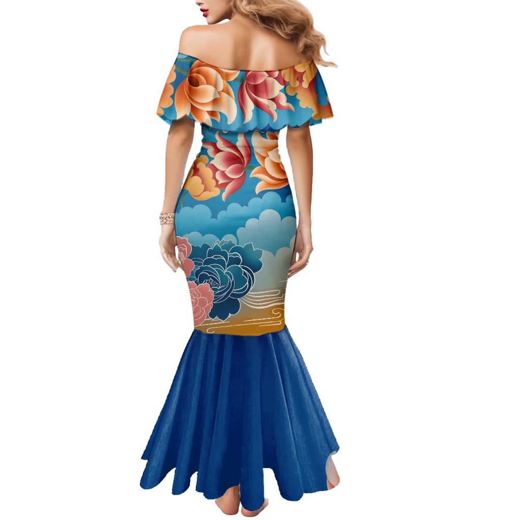 Bhutan Lotus Blossom Mermaid Dress with White Dragon and Sacred Cloud Harmony