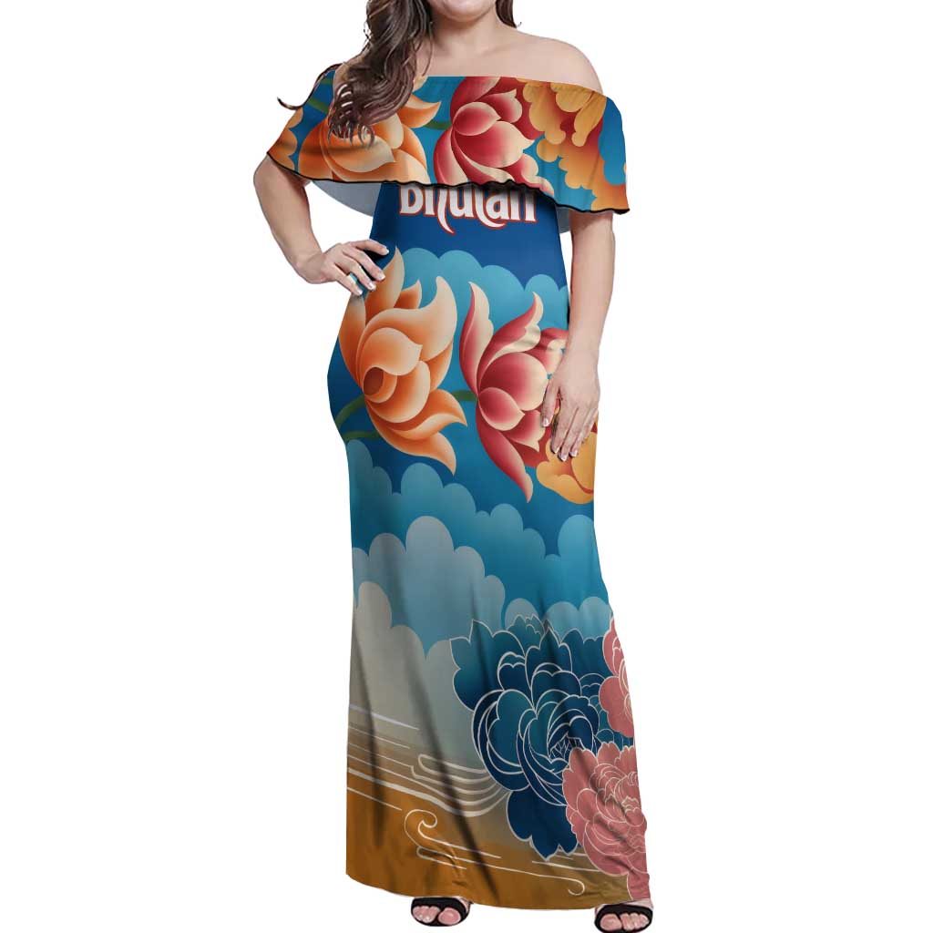 Bhutan Lotus Blossom Off Shoulder Maxi Dress with White Dragon and Sacred Cloud Harmony