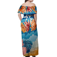 Bhutan Lotus Blossom Off Shoulder Maxi Dress with White Dragon and Sacred Cloud Harmony