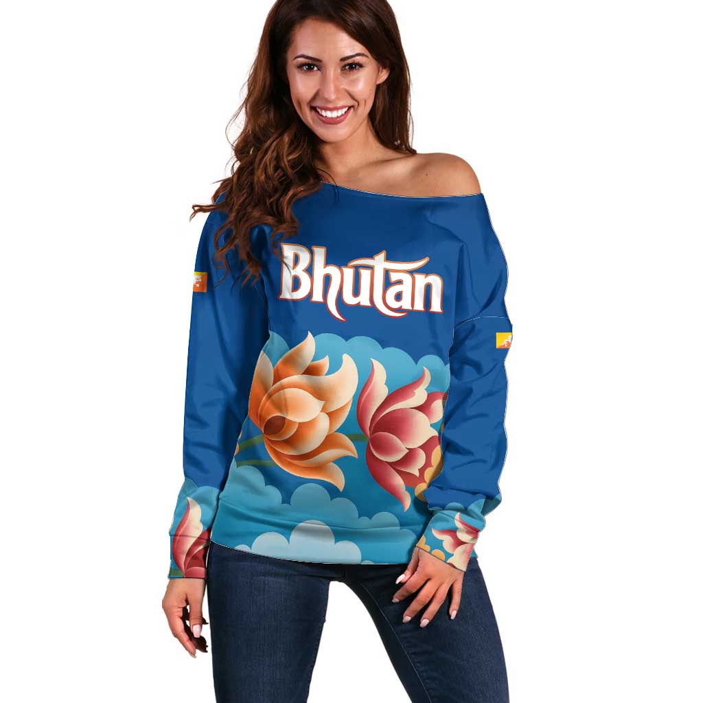 Bhutan Lotus Blossom Off Shoulder Sweater with White Dragon and Sacred Cloud Harmony