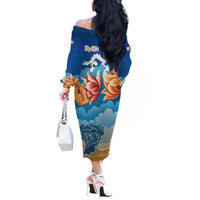 Bhutan Lotus Blossom Off The Shoulder Long Sleeve Dress with White Dragon and Sacred Cloud Harmony
