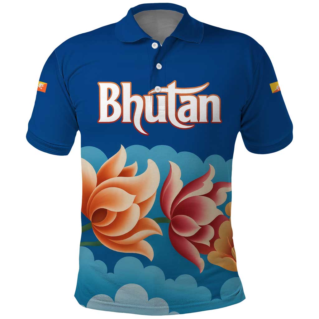 Bhutan Lotus Blossom Polo Shirt with White Dragon and Sacred Cloud Harmony