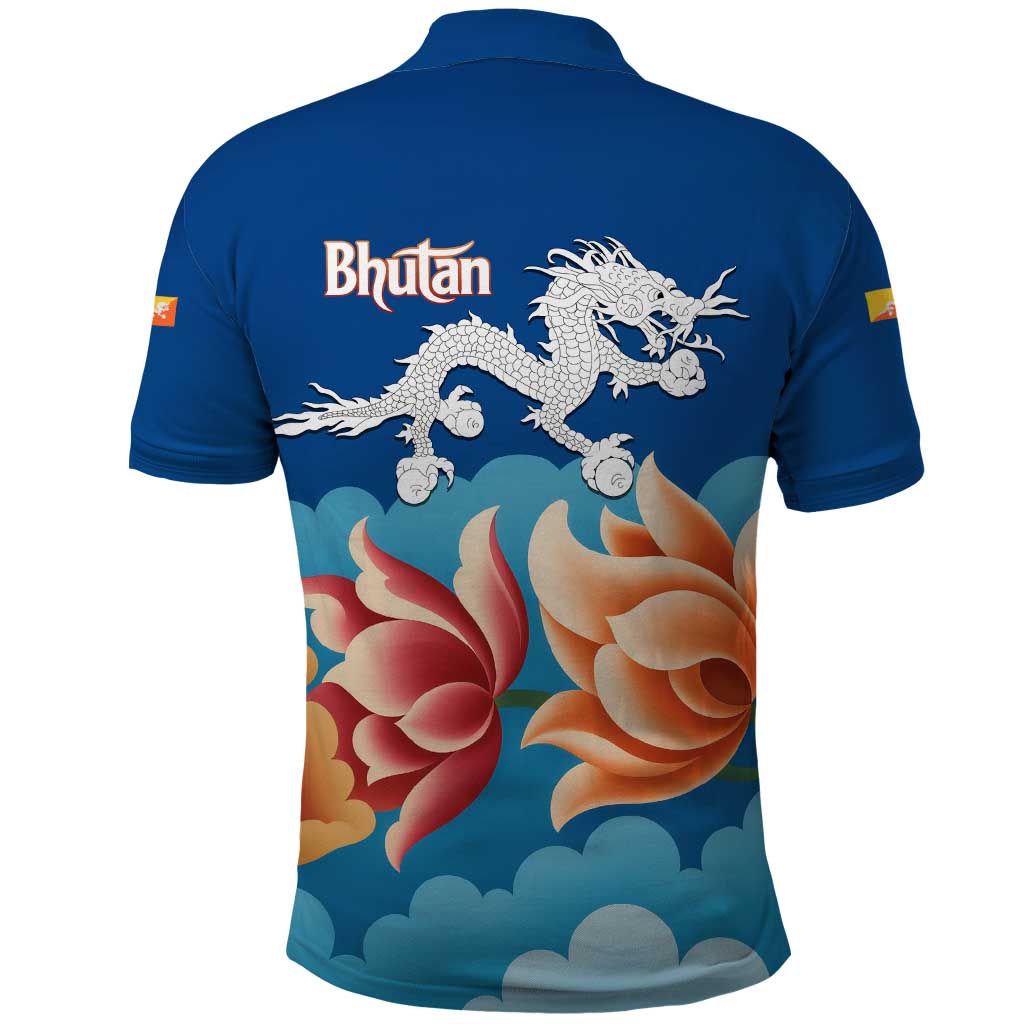Bhutan Lotus Blossom Polo Shirt with White Dragon and Sacred Cloud Harmony