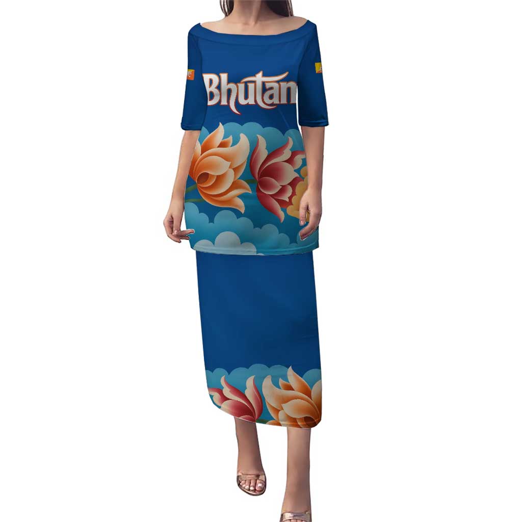 Bhutan Lotus Blossom Puletasi with White Dragon and Sacred Cloud Harmony